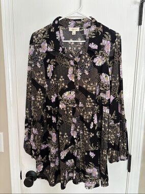 Style & Co. Black Floral Button-Front Tunic with Lilac and Beige Blooms
